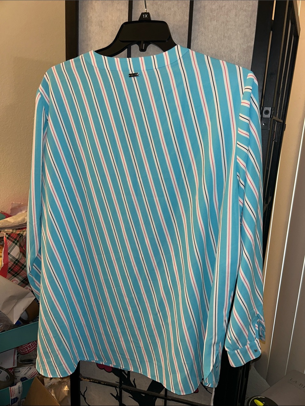 Anne Klein Teal Striped Split-Neck Blouse - Picture 5 of 8